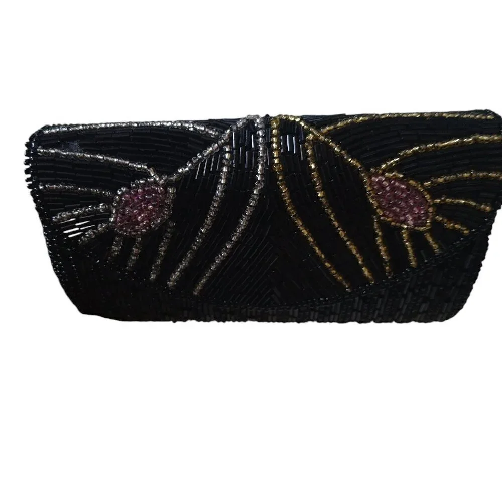 Vintage Black Beaded Wristlet Clutch Purse Retro Glam Party Black Tie Event